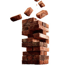 Tower of bricks collapsing, pieces flying