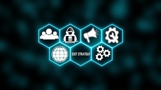 A Power "EXIT STRATEGY" button in German on a futuristic display. Technology and network concept. abstract wave technology background. with colorful light digital effect corporate concept.
