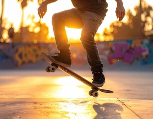 Golden Hour Skateboard Trick: Silhouette of a Skater Executing an Ollie at Sunset