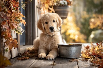 Golden retriever puppy relaxing on wooden deck in autumn setting