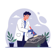 Scientist in lab coat carefully brushes dirt from rock formation on a patterned backdrop
