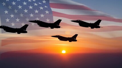 Air Force Jet Formation Flying into Sunset with American Flag Backdrop - Powered by Adobe