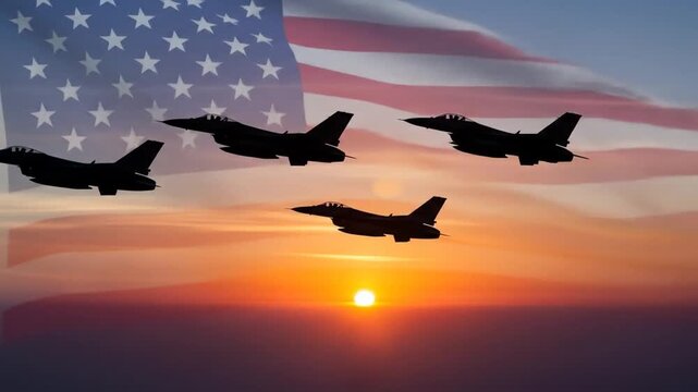Air Force Jet Formation Flying into Sunset with American Flag Backdrop