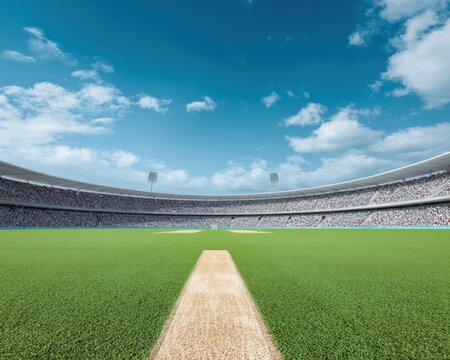 Professional Cricket Stadium with High-Quality Green Field and Packed Spectators Modern Sports Event Content for Marketing and Social Media Campaigns