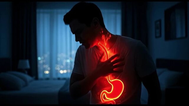 Man experiencing intense heartburn and acid reflux in his bedroom at night, highlighting digestive health issues and discomfort related to stomach problems.