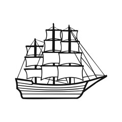 Black and white outline drawing of a sailing ship boat