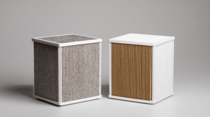 Professional side-by-side air filter comparison with used and new HEPA purifier filters premium clean air concept for modern health and lifestyle marketing
