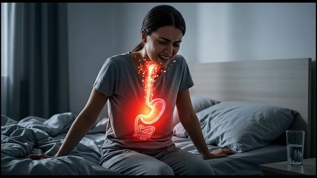 Woman experiencing acid reflux and heartburn in bed at night, highlighted digestive system with burning sensation, seeking relief from discomfort