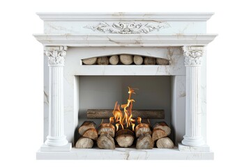 A decorative white marble fireplace with logs and flames, creating a cozy atmosphere.