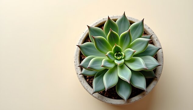 A beautiful succulent plant seen from above, with its intricate rosette pattern on a simple, light-colored background.