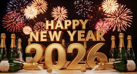 Happy New Year 2026 with champagne bottles and fireworks