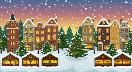 A charming winter scene depicts a snow-covered European town square at dusk, with illuminated buildings, festive Christmas trees, and charming market stalls.
