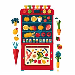 A colorful vending machine filled with various fruits and vegetables for healthy snacking.