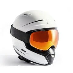 A sleek white ski helmet with an orange visor designed for winter sports safety.