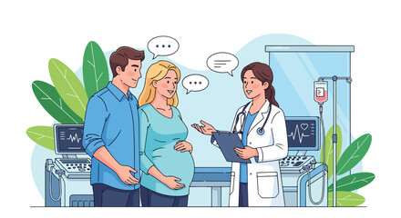 Adobe illustrator artwork vector illustration. A pregnant woman and her partner discuss with a female doctor in a clinic setting, surrounded by medical monitors and plants