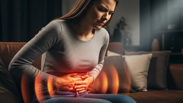 Woman experiencing intense abdominal pain with glowing red waves indicating discomfort and distress while seated on a couch at home
