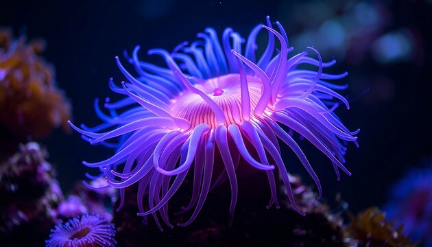 Vibrant purple anemone in dark aquarium
