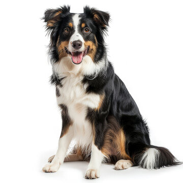 A happy, sitting dog with a black and white coat, looking friendly and playful.