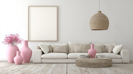 Modern Minimalist Living Room with Beige Sofa and Pink Vases in Bright White Interior