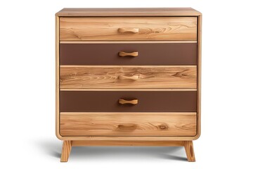 A modern wooden dresser with four drawers in varying shades of brown.