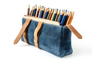 A blue leather pencil case filled with various colored pencils.