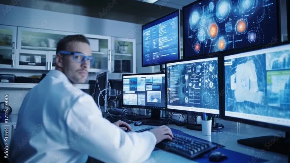 Wall mural tech analyst in futuristic lab: a focused tech analyst meticulously monitors data streams, surrounde