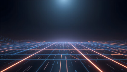 Dynamic digital grid with vibrant neon blue and orange light streaks flowing across a futuristic abstract landscape, perfect for tech presentations and data visualization backgrounds.