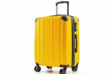 A bright yellow suitcase with wheels and a retractable handle, ideal for travel.