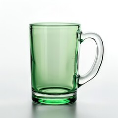 A transparent green glass mug with a handle, suitable for beverages.