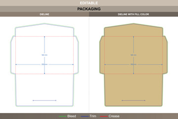 Custom letter envelope dieline for stationery packaging, editable printable carton design template with folding structure, branding options, and detailed die line