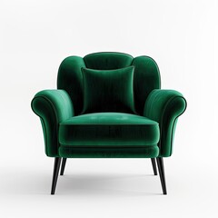 A stylish green velvet armchair with a modern design and black legs.
