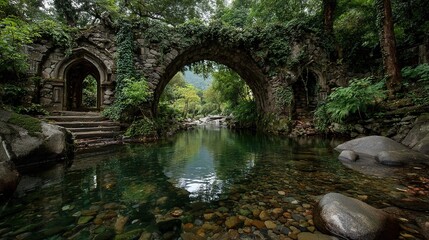 Ancient Stone Bridge in Lush Forest Over Clear River