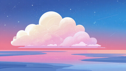 Dreamy pastel sky with fluffy clouds reflected in calm water at dusk