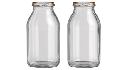 Glass Bottles Duo: Two clear glass bottles stand side by side, their sleek contours catching the light. The classic design evokes feelings of refreshment and purity.
