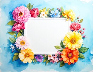 水色の背景にカラフルな花で囲んだ水彩イラストと四角形の白いコピースペース	