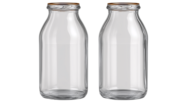 Glass Bottles Duo: Two clear glass bottles stand side by side, their sleek contours catching the light. The classic design evokes feelings of refreshment and purity.