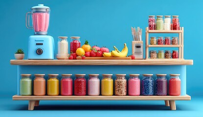 Colorful kitchen counter with smoothie ingredients and blender
