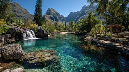 Tropical oasis with turquoise water, waterfalls, and mountains