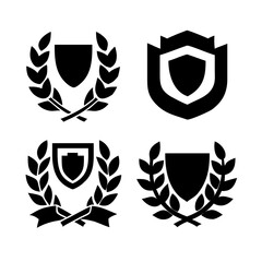 Obraz premium Vintage educational coat of arms set with university college and academy elements isolated vector illustration. Laurel wreaths, shields, ribbons illustration for awards ,badges, and branding designs 