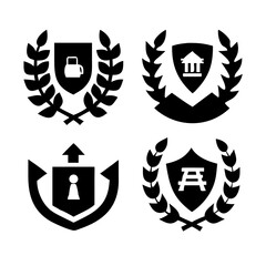 Fototapeta premium Vintage educational coat of arms set with university college and academy elements isolated vector illustration. Laurel wreaths, shields, ribbons illustration for awards ,badges, and branding designs 