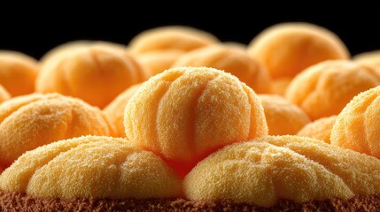 Close-up of a confectionery design.  Orange-toned, textured spheres stacked on a dark base