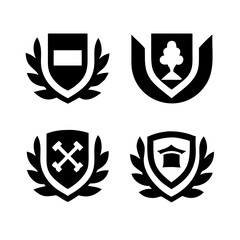 Fototapeta premium Vintage educational coat of arms set with university college and academy elements isolated vector illustration. Laurel wreaths, shields, ribbons illustration for awards ,badges, and branding designs 