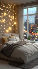 Cozy bedroom with twinkling lights and city view