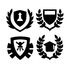 Fototapeta premium Vintage educational coat of arms set with university college and academy elements isolated vector illustration. Laurel wreaths, shields, ribbons illustration for awards ,badges, and branding designs 