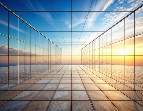 Surreal open-air glass corridor with a reflective tiled floor leading to a beautiful sunset horizon, a futuristic architectural concept