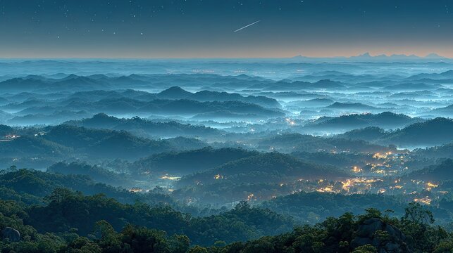 Misty mountain range at dawn, with lights of villages nestled within