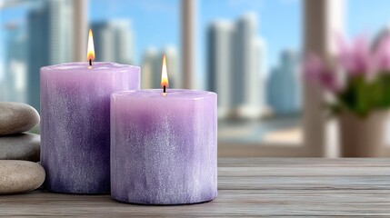 Two purple candles, city view, zen stones