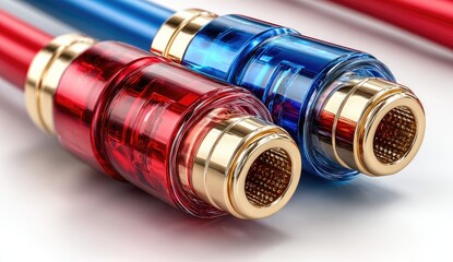 Close-up of two audio cables, red and blue, with glossy, transparent connectors