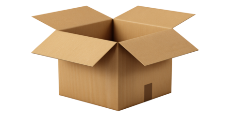 Cardboard Box: A pristine, open cardboard box stands as a symbol of delivery, storage, or packaging. A clean, simple representation of utility and readiness. 