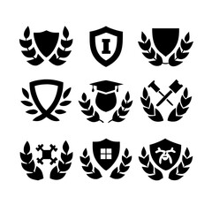 Fototapeta premium Vintage educational coat of arms set with university college and academy elements isolated vector illustration. Laurel wreaths, shields, ribbons illustration for awards ,badges, and branding designs 
